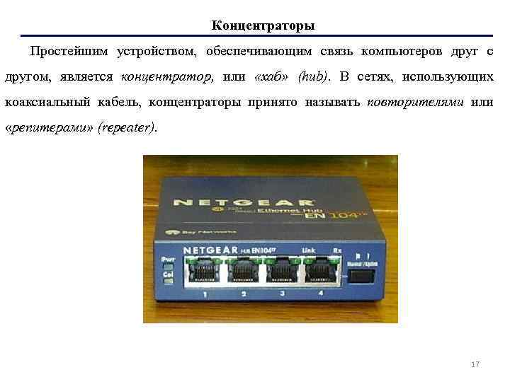 Концентраторы Простейшим устройством, обеспечивающим связь компьютеров друг с другом, является концентратор, или «хаб» (hub).