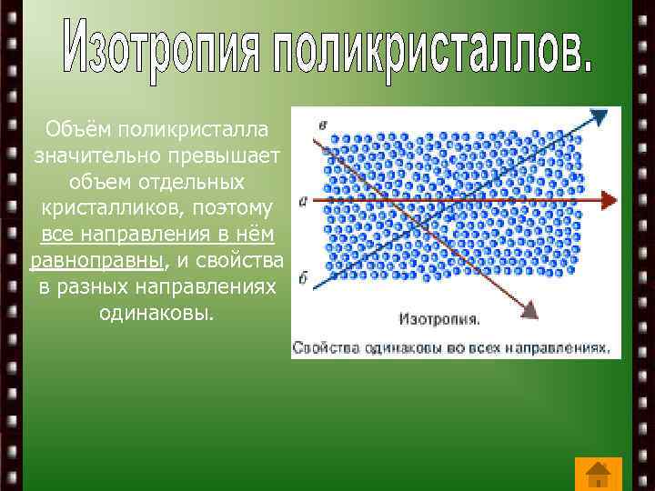 Объём поликристалла значительно превышает объем отдельных кристалликов, поэтому все направления в нём равноправны, и