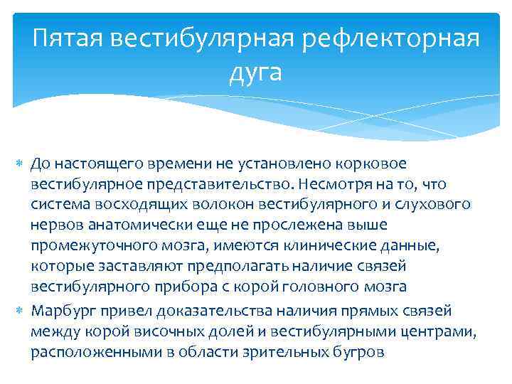 Пятая вестибулярная рефлекторная дуга До настоящего времени не установлено корковое вестибулярное представительство. Несмотря на