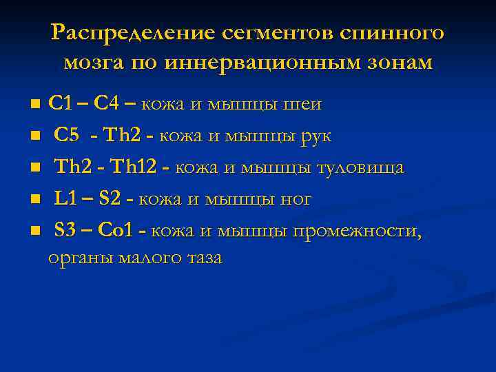 Распределение сегментов спинного мозга по иннервационным зонам С 1 – С 4 – кожа