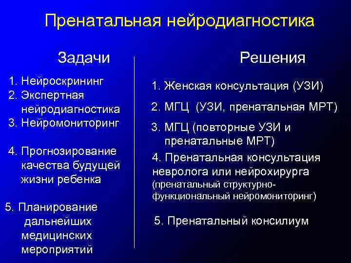 Пренатальная нейродиагностика Задачи 1. Нейроскрининг 2. Экспертная нейродиагностика 3. Нейромониторинг 4. Прогнозирование качества будущей