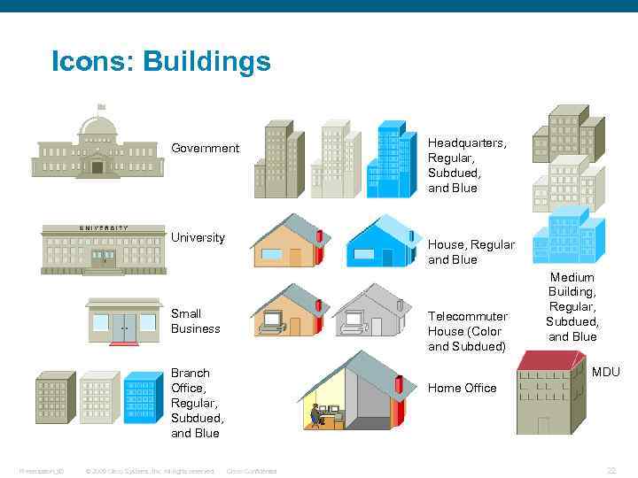 Icons: Buildings Government University House, Regular and Blue Small Business Telecommuter House (Color and