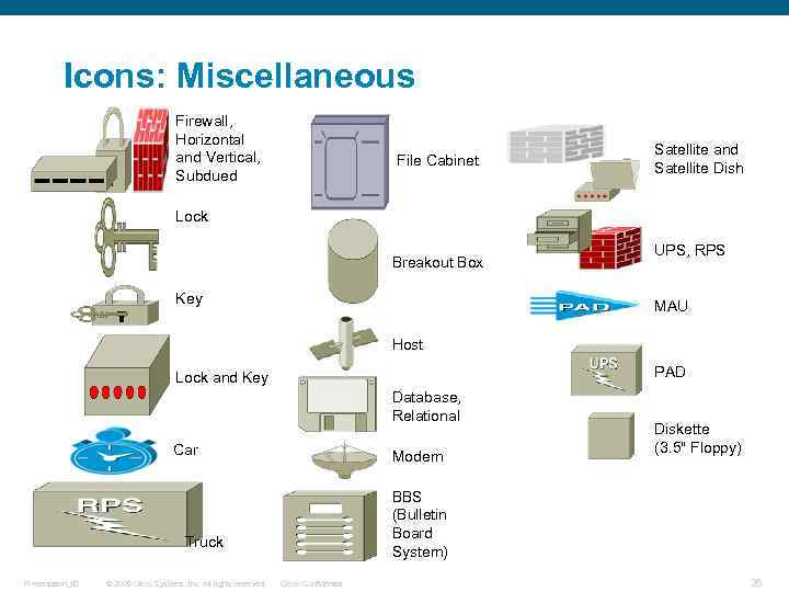 Icons: Miscellaneous Firewall, Horizontal and Vertical, Subdued File Cabinet Satellite and Satellite Dish Lock