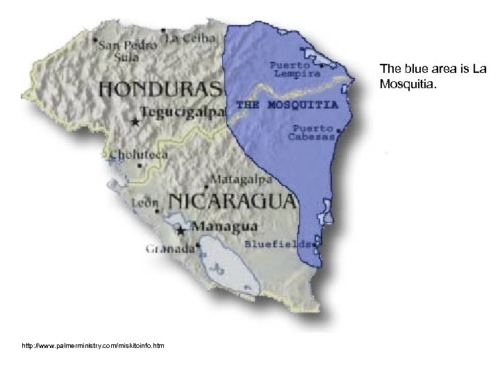 The blue area is La Mosquitia. http: //www. palmerministry. com/miskitoinfo. htm 