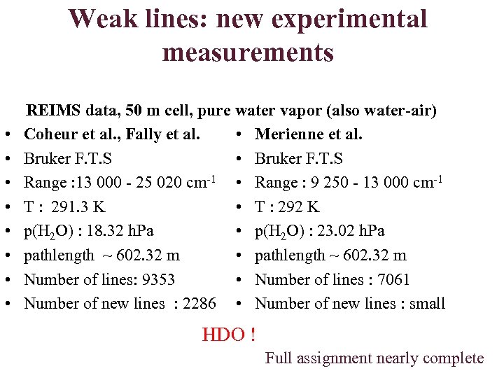 Weak lines: new experimental measurements • • REIMS data, 50 m cell, pure water