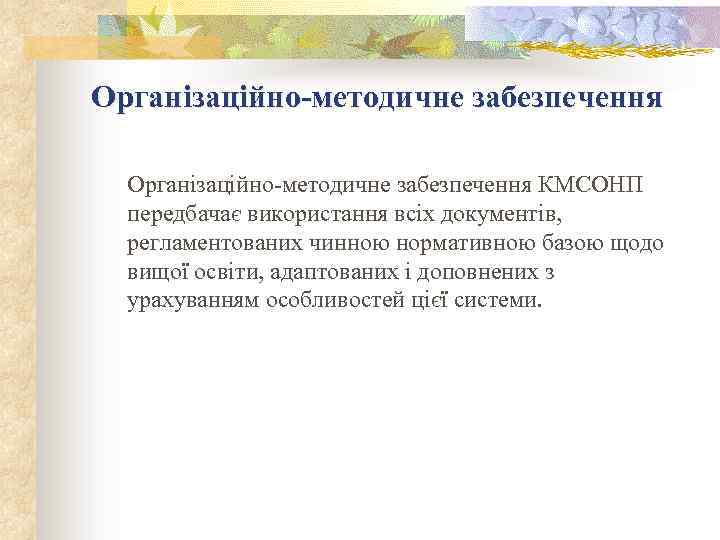 Організаційно-методичне забезпечення КМСОНП передбачає використання всіх документів, регламентованих чинною нормативною базою щодо вищої освіти,