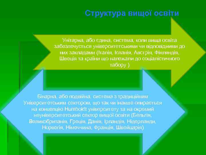 Структура вищої освіти Унітарна, або єдина, система, коли вища освіта забезпечується університетськими чи відповідними