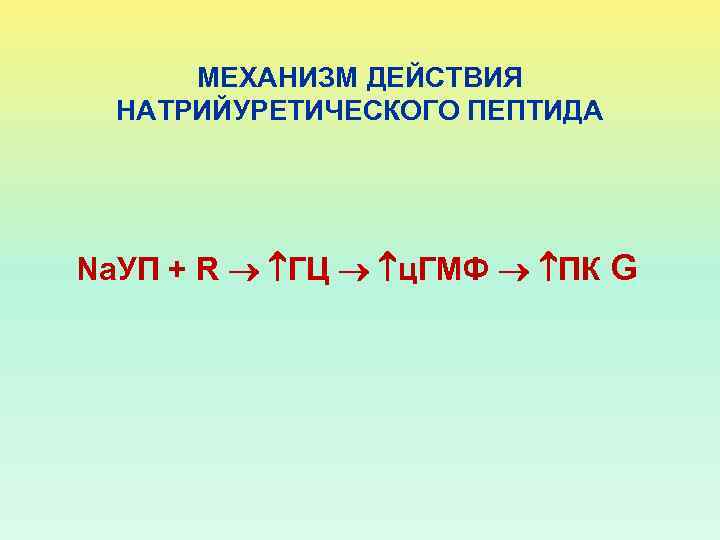 МЕХАНИЗМ ДЕЙСТВИЯ НАТРИЙУРЕТИЧЕСКОГО ПЕПТИДА Na. УП + R ГЦ ц. ГМФ ПК G 