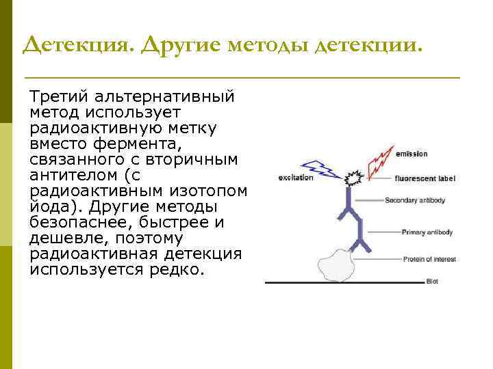 Детекция. Другие методы детекции. Третий альтернативный метод использует радиоактивную метку вместо фермента, связанного с