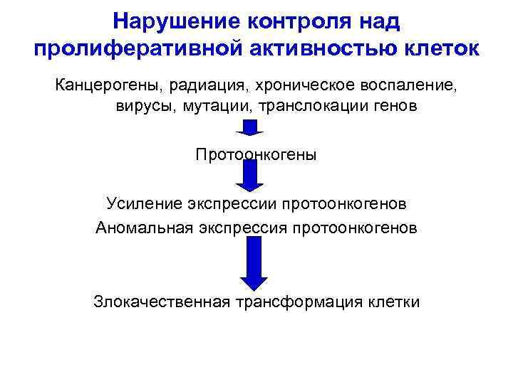 Нарушение контроля над пролиферативной активностью клеток Канцерогены, радиация, хроническое воспаление, вирусы, мутации, транслокации генов