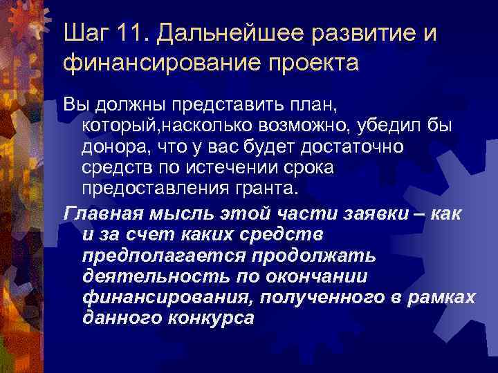 Шаг 11. Дальнейшее развитие и финансирование проекта Вы должны представить план, который, насколько возможно,