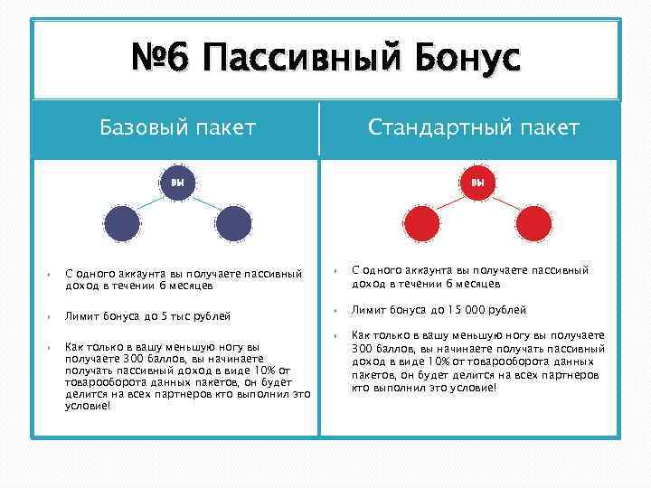 № 6 Пассивный Бонус Базовый пакет Стандартный пакет вы С одного аккаунта вы получаете