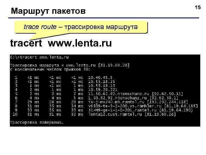 Маршрут пакетов trace route – трассировка маршрута tracert www. lenta. ru 15 