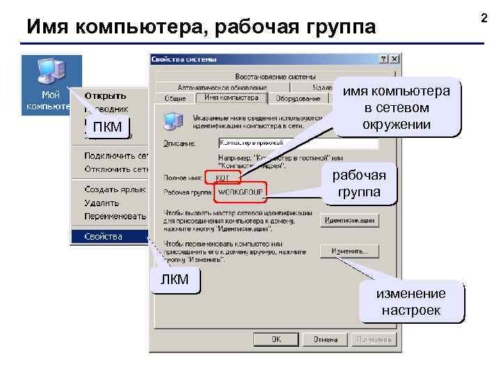 2 Имя компьютера, рабочая группа имя компьютера в сетевом окружении ПКМ рабочая группа ЛКМ