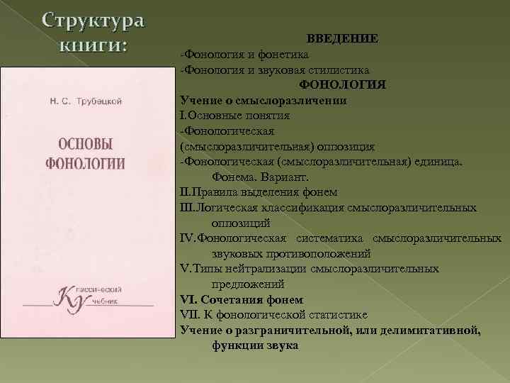 Структура книги: ВВЕДЕНИЕ -Фонология и фонетика -Фонология и звуковая стилистика ФОНОЛОГИЯ Учение о смыслоразличении