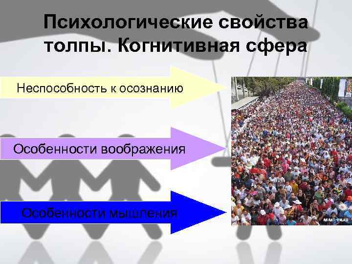 Психологические свойства толпы. Когнитивная сфера Неспособность к осознанию Особенности воображения Особенности мышления 