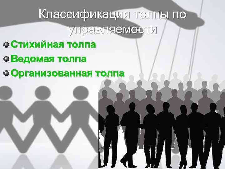 Классификация толпы по управляемости Стихийная толпа Ведомая толпа Организованная толпа 