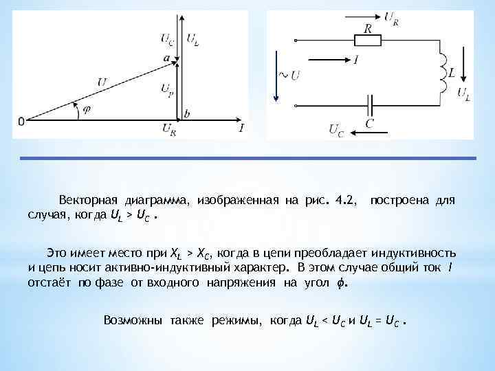 Цепь с активным сопротивлением изображает схема. Векторная диаграмма XL>XC. Векторная диаграмма напряжения и тока для участка цепи. Векторная диаграмма индуктивного элемента изображена на рис. Векторная диаграмма напряжений при XL > XC.