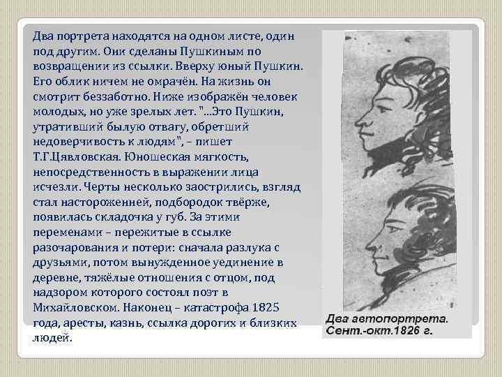 Два портрета находятся на одном листе, один под другим. Они сделаны Пушкиным по возвращении