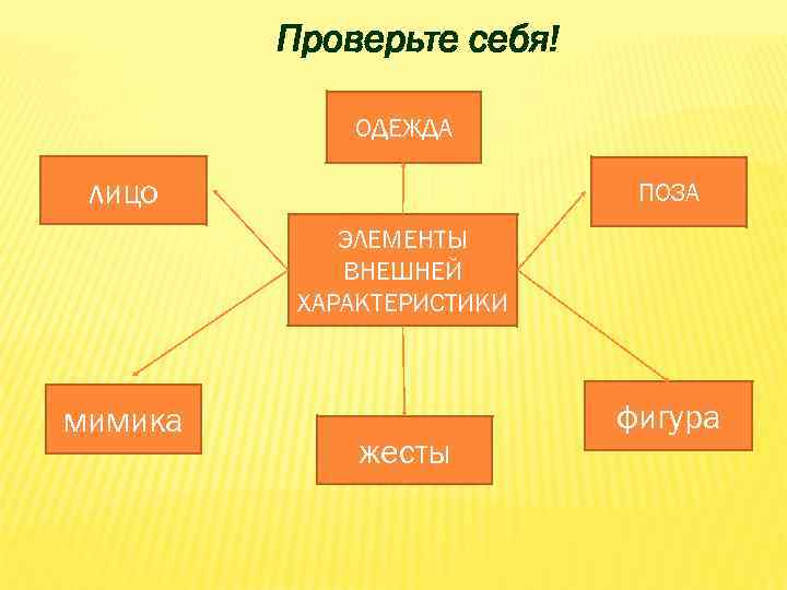 Проверьте себя! ОДЕЖДА лицо ПОЗА ЭЛЕМЕНТЫ ВНЕШНЕЙ ХАРАКТЕРИСТИКИ мимика жесты фигура 