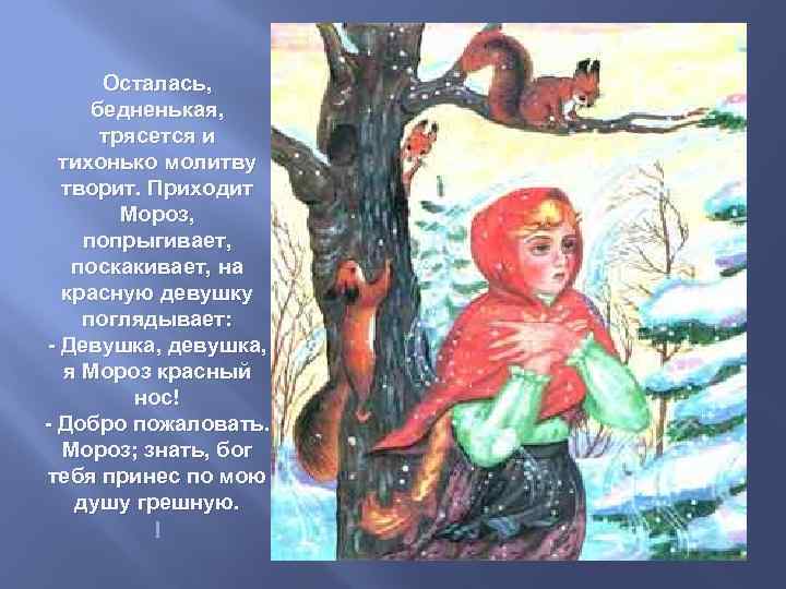 Осталась, бедненькая, трясется и тихонько молитву творит. Приходит Мороз, попрыгивает, поскакивает, на красную девушку