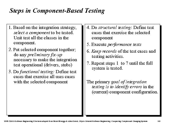 Steps in Component-Based Testing 1. Based on the integration strategy, select a component to