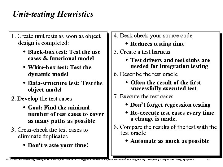 Unit-testing Heuristics 1. Create unit tests as soon as object design is completed: w