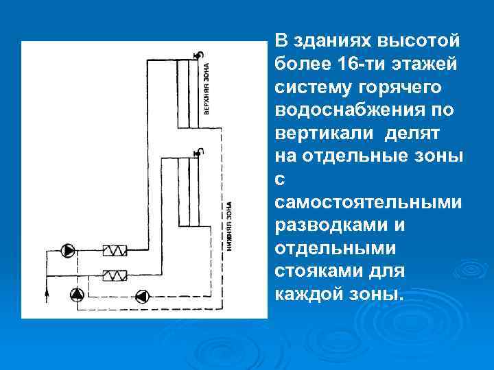 В зданиях высотой более 16 -ти этажей систему горячего водоснабжения по вертикали делят на