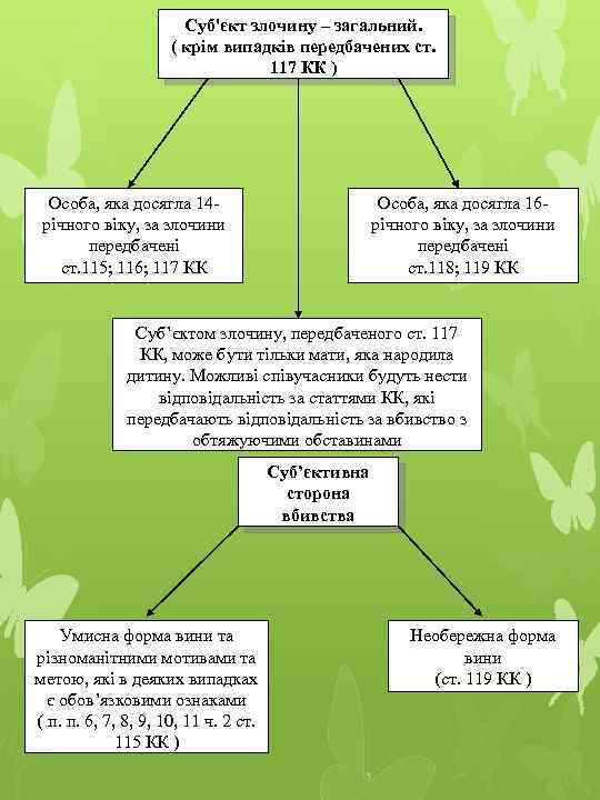 Суб'єкт злочину – загальний. ( крім випадків передбачених ст. 117 КК ) Особа, яка