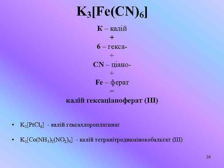 K 3[Fe(CN)6] К – калій + 6 – гекса+ СN – ціано+ Fe –