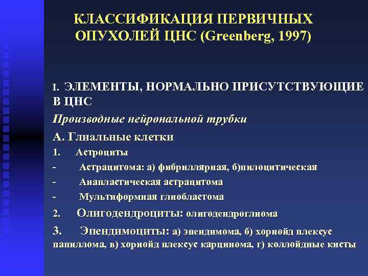 КЛАССИФИКАЦИЯ ПЕРВИЧНЫХ ОПУХОЛЕЙ ЦНС (Greenberg, 1997) I. ЭЛЕМЕНТЫ, НОРМАЛЬНО ПРИСУТСТВУЮЩИЕ В ЦНС Производные нейрональной