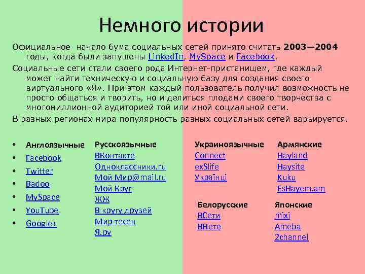 Немного истории Официальное начало бума социальных сетей принято считать 2003— 2004 годы, когда были