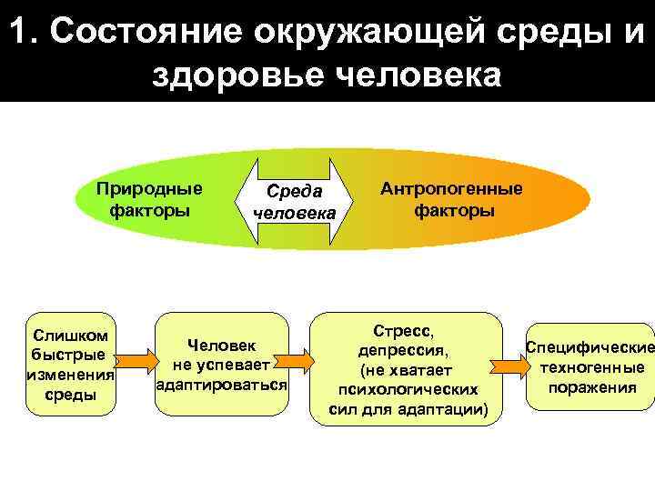 1. Состояние окружающей среды и здоровье человека Природные факторы Слишком быстрые изменения среды Среда