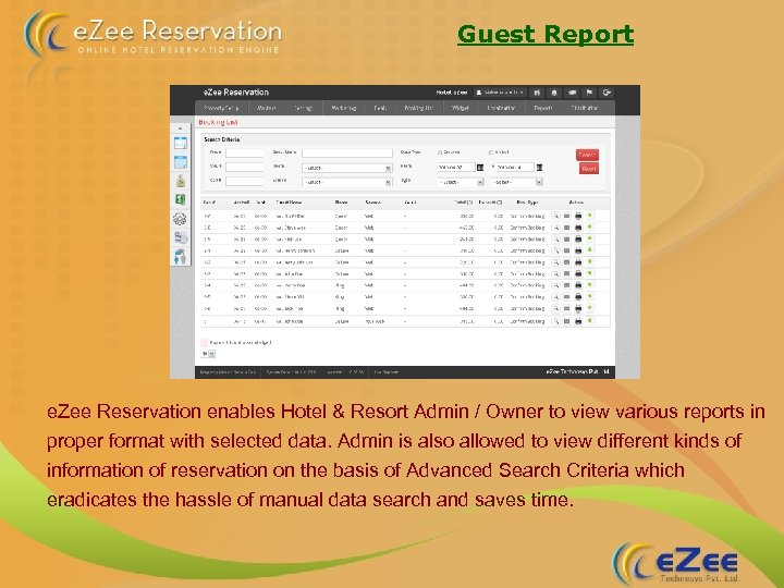 Guest Report e. Zee Reservation enables Hotel & Resort Admin / Owner to view