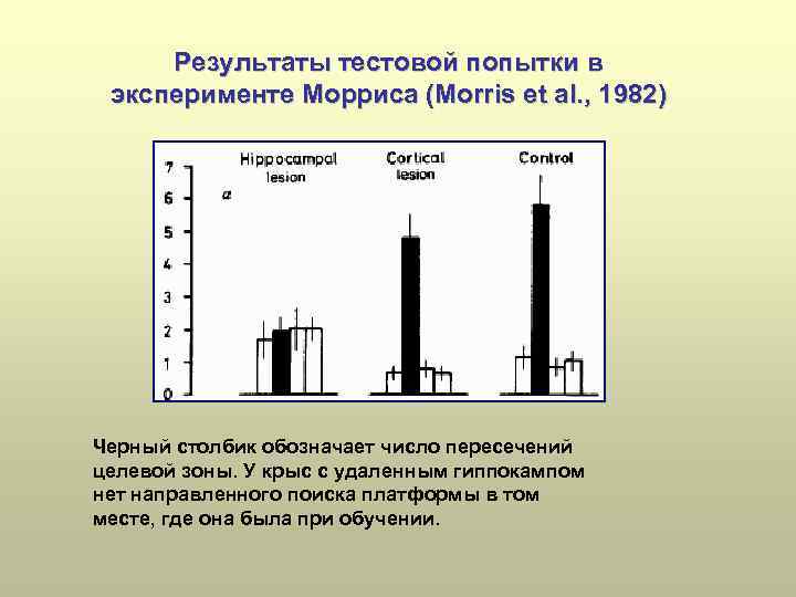 Результаты тестовой попытки в эксперименте Морриса (Morris et al. , 1982) Черный столбик обозначает