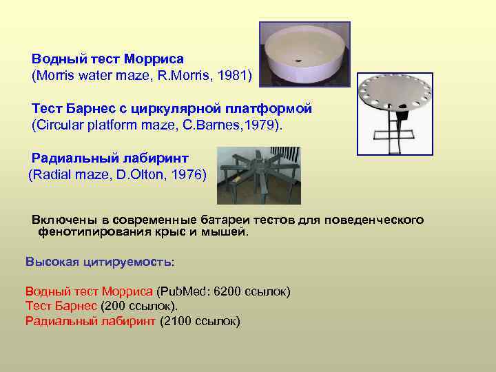 Водный тест Морриса (Morris water maze, R. Morris, 1981) Тест Барнес с циркулярной платформой