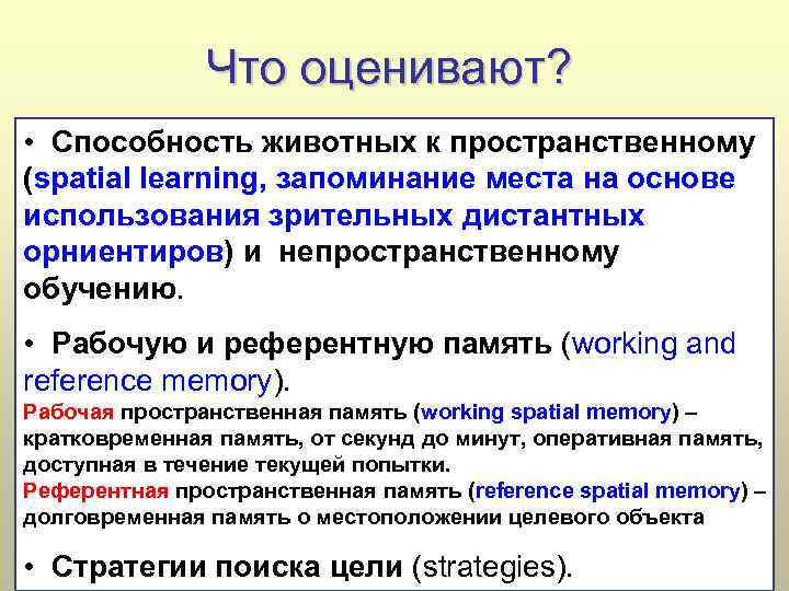 Что оценивают? • Способность животных к пространственному (spatial learning, запоминание места на основе использования