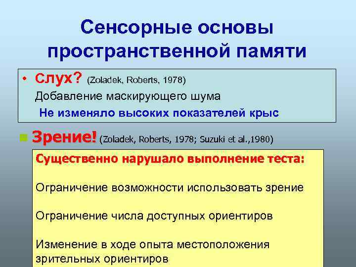 Сенсорные основы пространственной памяти • Слух? (Zoladek, Roberts, 1978) Добавление маскирующего шума Не изменяло