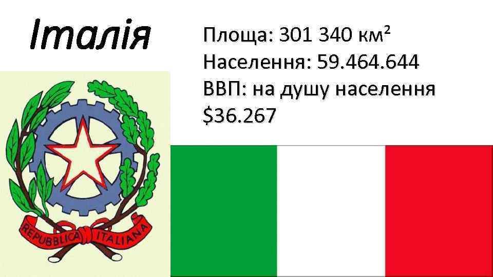 Італія Площа: 301 340 км² Площа: Населення: 59. 464. 644 ВВП: на душу населення