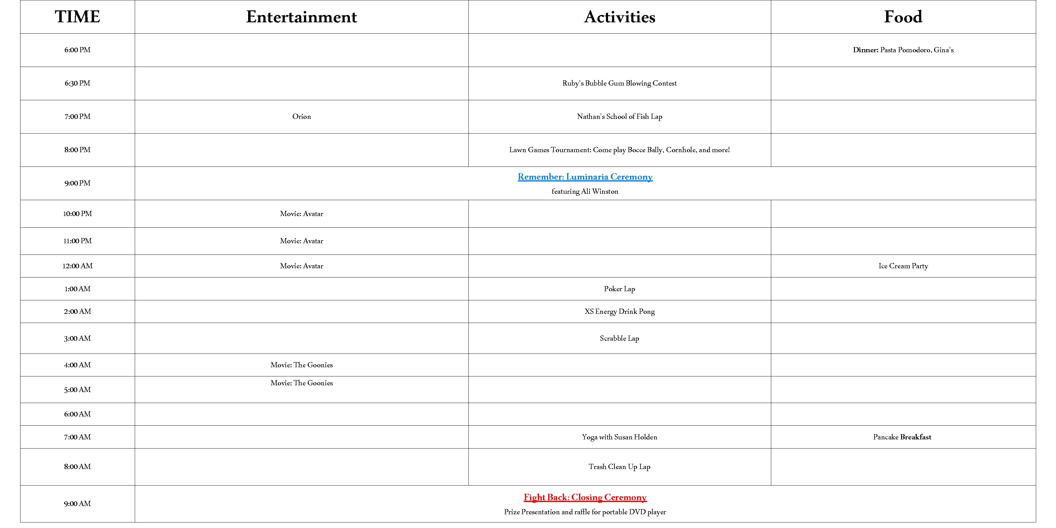 TIME Entertainment Activities 6: 00 PM Dinner: Pasta Pomodoro, Gina’s 6: 30 PM 7: