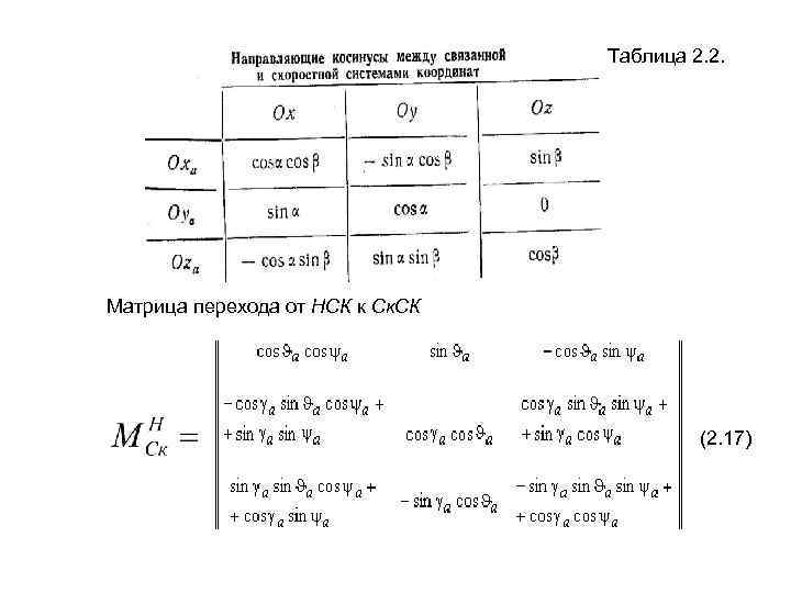Таблица 2. 2. Матрица перехода от НСК к Ск. СК (2. 17) 