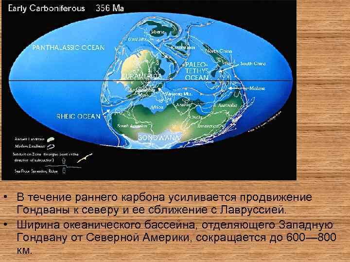  • В течение раннего карбона усиливается продвижение Гондваны к северу и ее сближение