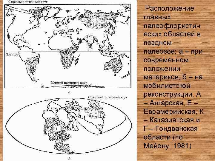 Расположение главных палеофлористич еских областей в позднем палеозое: а – при современном положении материков;