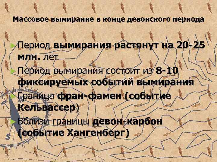Массовое вымирание в конце девонского периода ► Период вымирания растянут на 20 -25 млн.