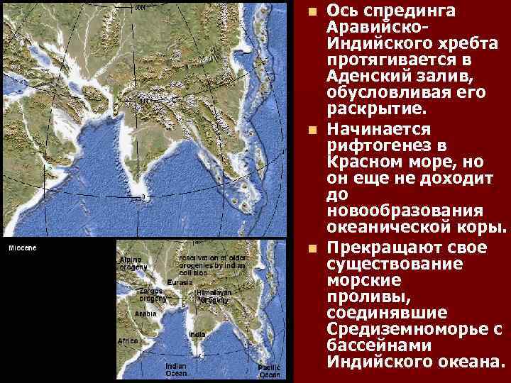 Ось спрединга Аравийско. Индийского хребта протягивается в Аденский залив, обусловливая его раскрытие. n Начинается