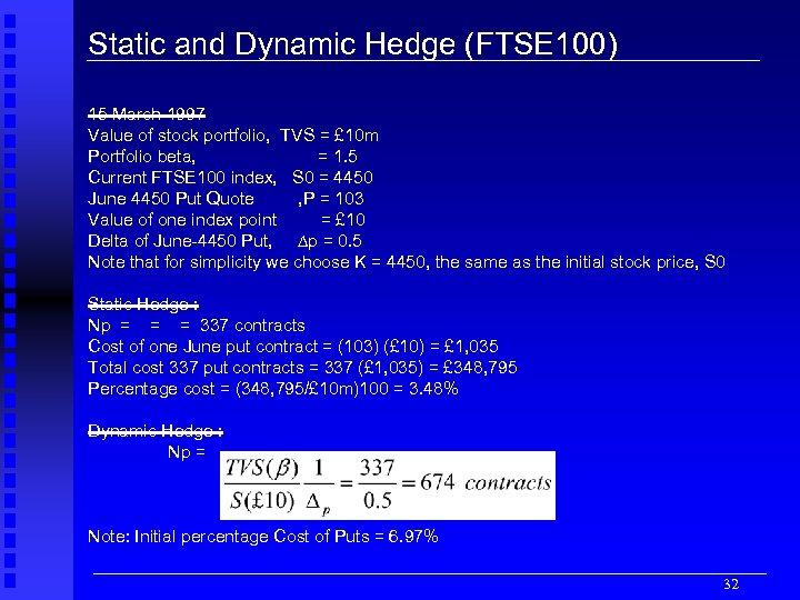 Static and Dynamic Hedge (FTSE 100) 15 March 1997 Value of stock portfolio, TVS