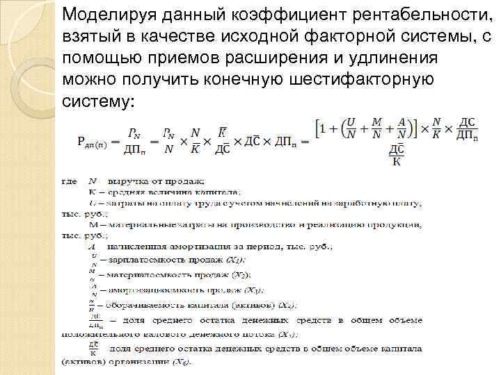Моделируя данный коэффициент рентабельности, взятый в качестве исходной факторной системы, с помощью приемов расширения