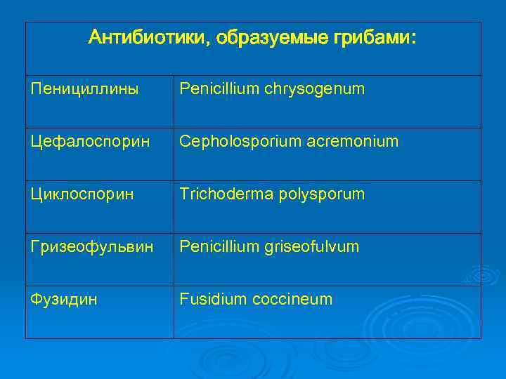 Антибиотики, образуемые грибами: Пенициллины Penicillium chrysogenum Цефалоспорин Cepholosporium acremonium Циклоспорин Trichoderma polysporum Гризеофульвин Penicillium