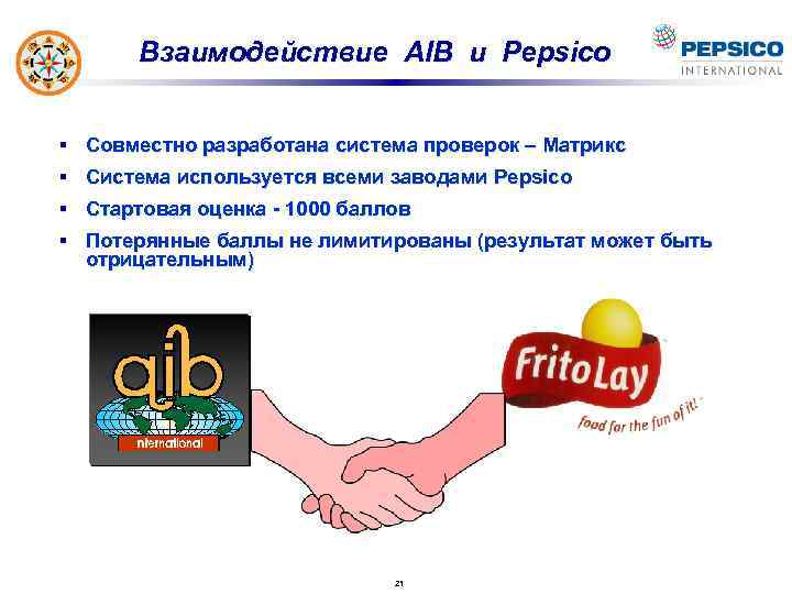 Взаимодействие AIB и Pepsico § Совместно разработана система проверок – Матрикс § Система используется