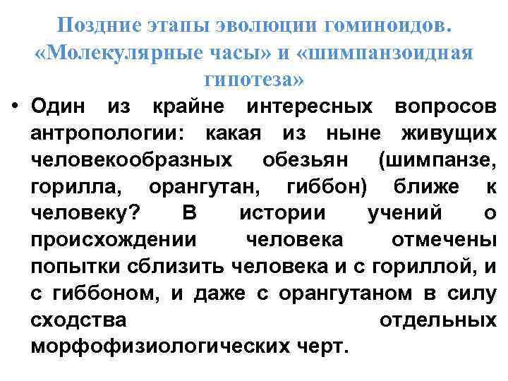 Поздние этапы эволюции гоминоидов. «Молекулярные часы» и «шимпанзоидная гипотеза» • Один из крайне интересных